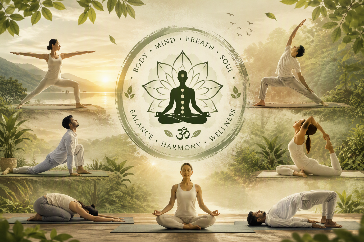 Collage of yoga postures with Body Mind Breath Soul emblem